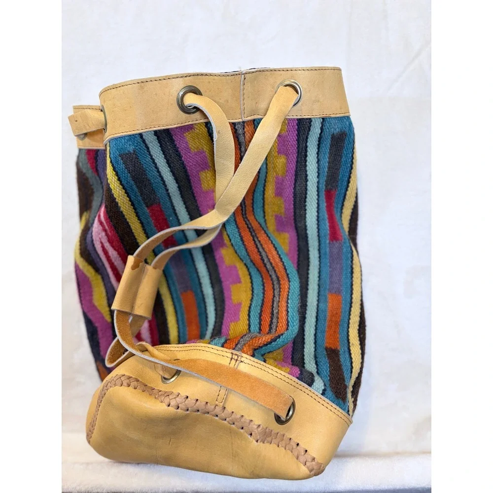 Vintage Multicolor Woven Wool Leather Trim Bohemian Rucksack